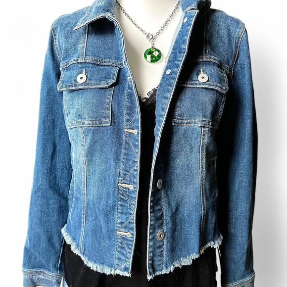 Blue Denim Jacket. Features a distressed hem and classic buttons - Picture 2 of 6